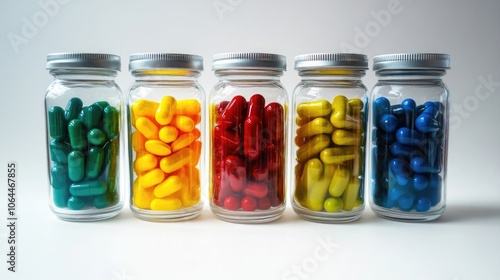 Five glass jars with silver lids filled with different colored capsules.