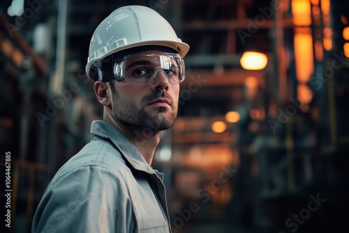 A male engineer wearing a white hard hat and goggles stands in an industrial setting