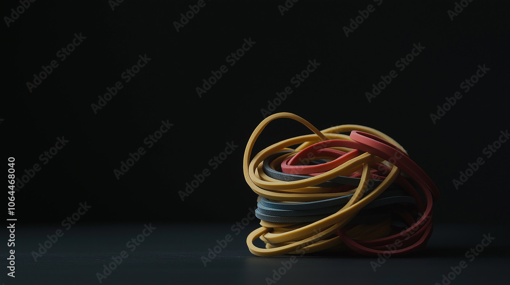 Small pile of worn rubber bands coiled together, illustrating the wear and discard of everyday items in a minimalist scene Small pile of worn rubber bands coiled together, illustrating the wear and discard of everyday items in a minimalist scene