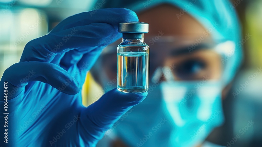 A medical professional wearing a mask and gloves holds up a small glass vial of clear liquid A medical professional wearing a mask and gloves holds up a small glass vial of clear liquid
