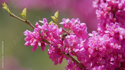 Judas Flower Branches And The Bee Find And Get Nectar. Tree In The Flowering Plant Family Fabaceae. Close up. photo