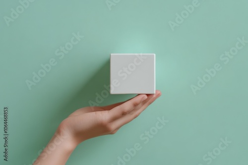 A minimalist scene where a white cube is held delicately in a hand against a soft pastel green