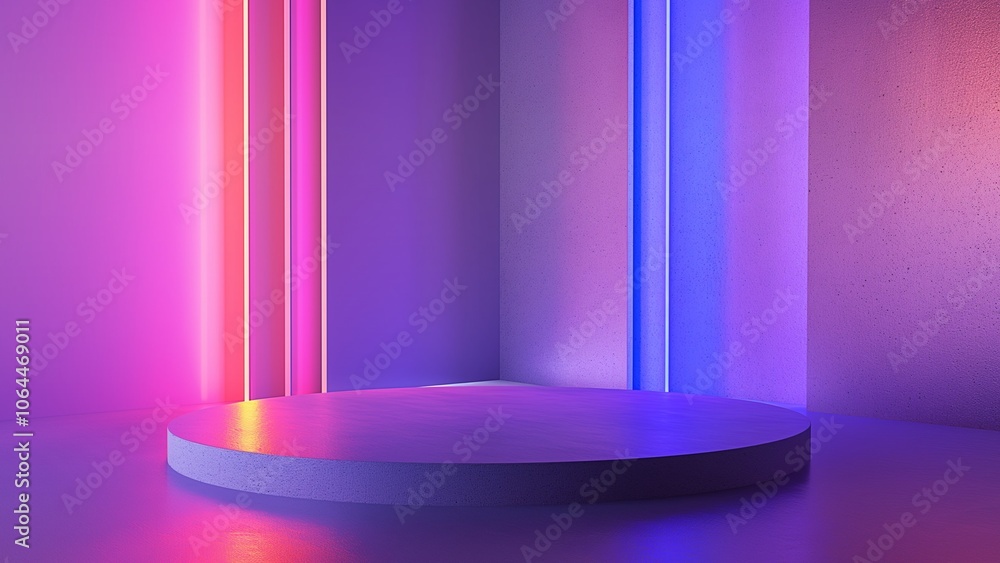 Minimalist platform with blue purple pink neon lights Minimalist platform with blue purple pink neon lights