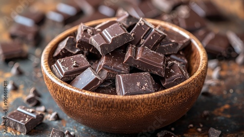 A bowl of dark chocolate chunks on a rustic surface, perfect for baking or snacking.