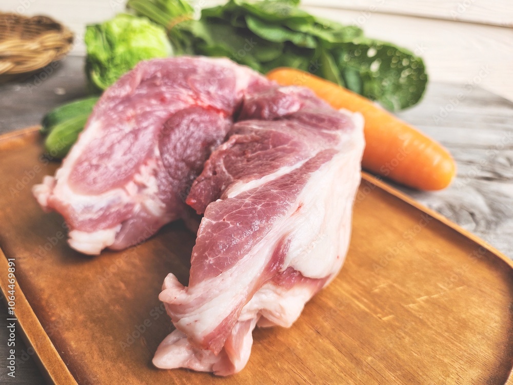 Raw pork and vegetable on wood board Raw pork and vegetable on wood board