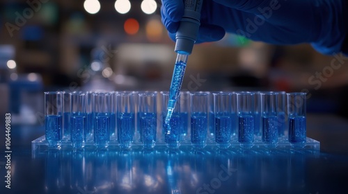 A scientist wearing blue gloves uses a pipette to fill several glass test tubes with blue liquid