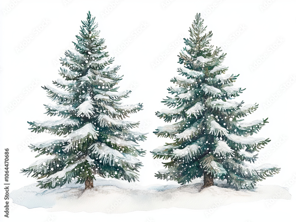 Obraz premium cozy watercolor style scene featuring two snow covered pine trees, surrounded by serene winter landscape. gentle snowfall adds peaceful touch to this woodland setting