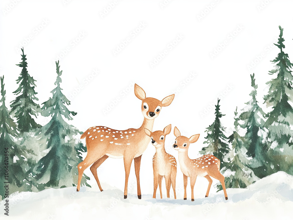 Obraz premium friendly watercolor style woodland deer family stands among evergreen trees, evoking serene and peaceful atmosphere
