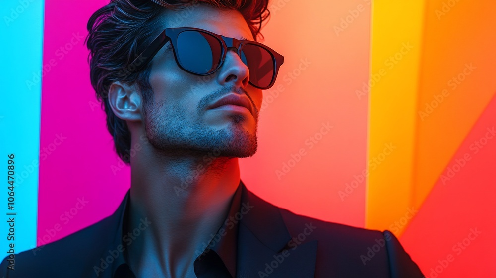 A stylish man in sunglasses looks off to the side against a colorful background. A stylish man in sunglasses looks off to the side against a colorful background.
