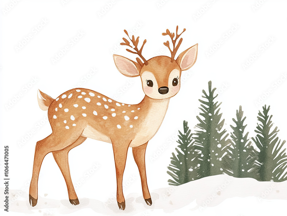 joyful watercolor style winter deer fawn standing in snowy landscape, surrounded by evergreen trees. This charming illustration captures essence of winter joyful watercolor style winter deer fawn standing in snowy landscape, surrounded by evergreen trees. This charming illustration captures essence of winter