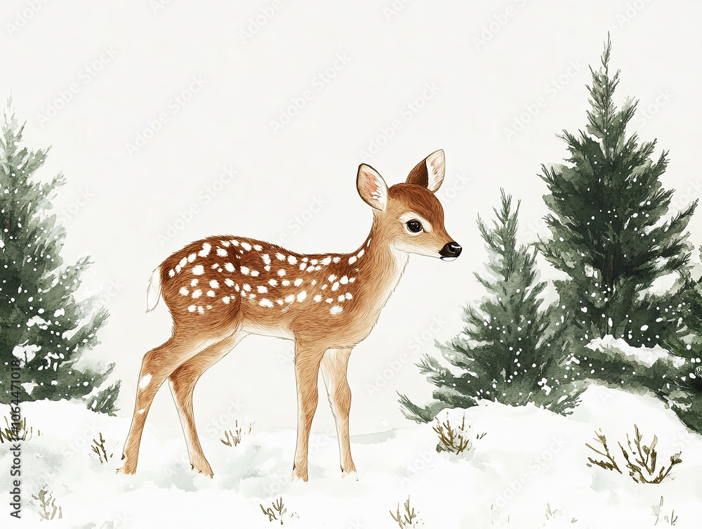 Obraz premium joyful watercolor style winter deer fawn stands amidst snowy trees, capturing serene beauty of nature. This charming scene evokes sense of peace and wonder