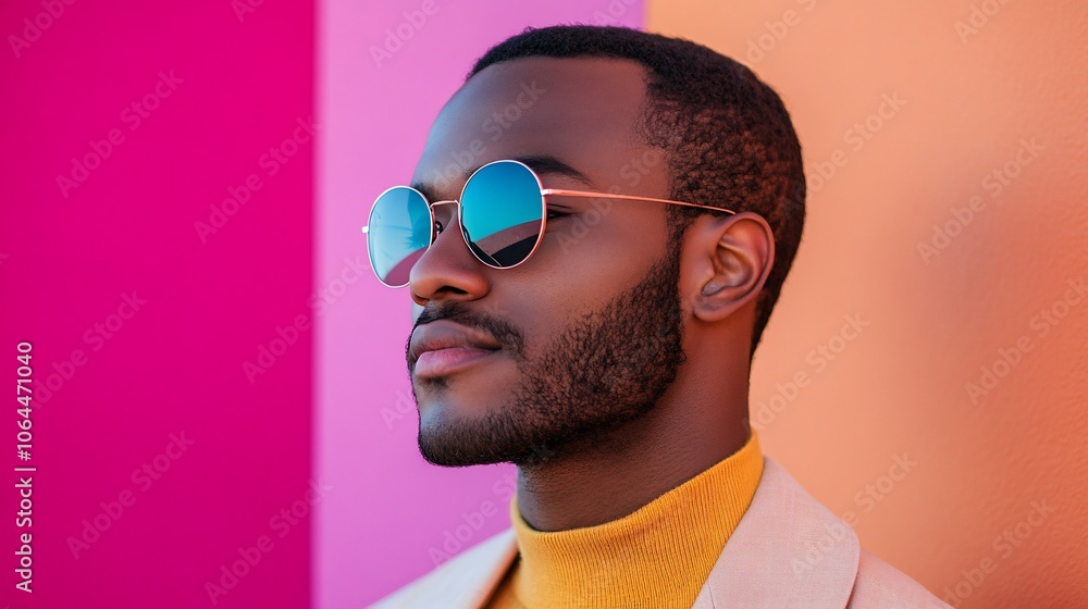 Stylish man in sunglasses looking to the side against colorful background. Stylish man in sunglasses looking to the side against colorful background.