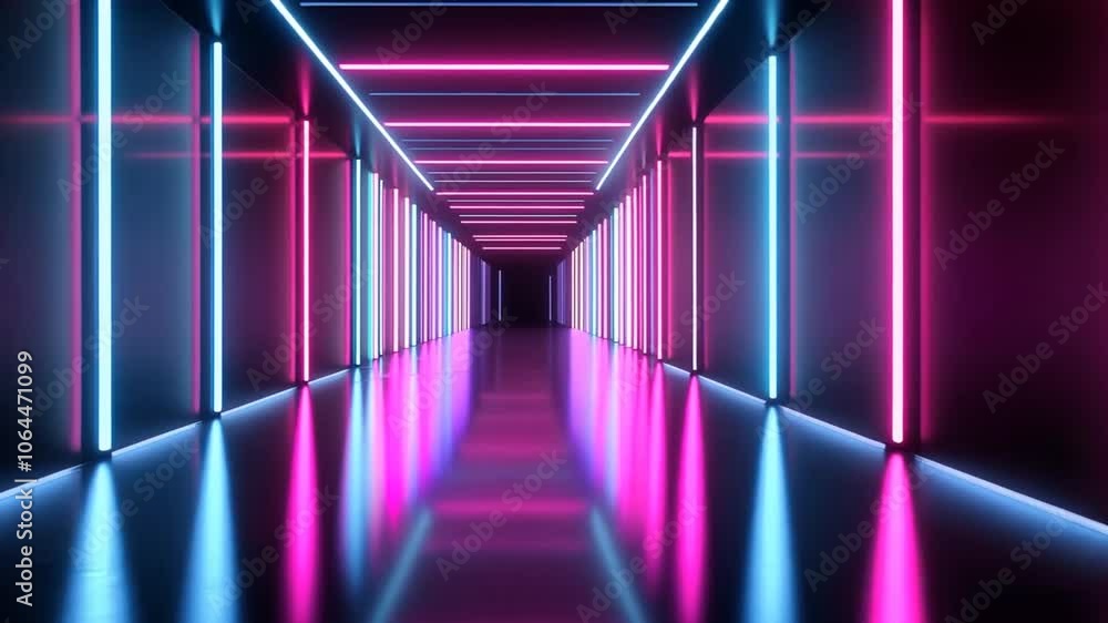 A dark corridor with a bright blue and pink neon light on the walls. A close-up view of two modern glass skyscrapers reflecting the golden hour sunlight. Animation looping video background. Generated 