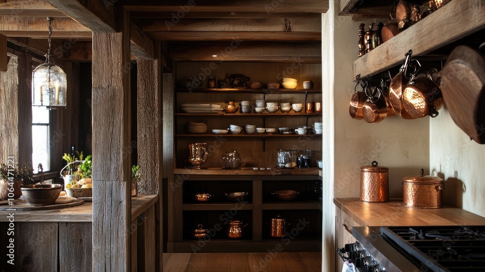 Rustic Kitchen with Wooden Accents and Copper Cookware Rustic Kitchen with Wooden Accents and Copper Cookware