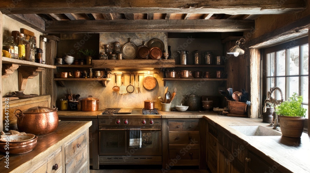 Rustic Kitchen with Wooden Shelves and Copper Pots Rustic Kitchen with Wooden Shelves and Copper Pots