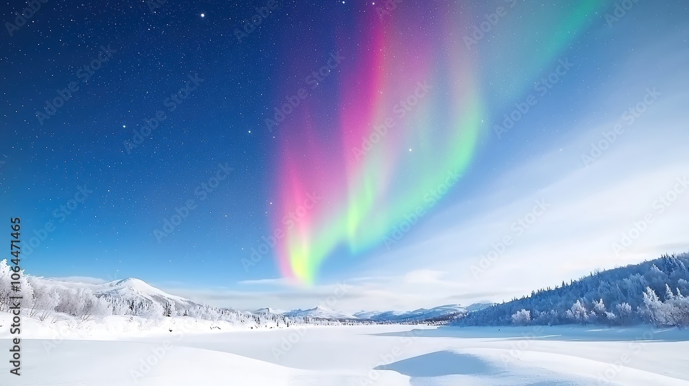 A stunning image capturing the ethereal beauty of the Northern Lights in vivid colors, showcasing a serene winter landscape with snow-covered mountains and a clear star-filled sky. The foreground A stunning image capturing the ethereal beauty of the Northern Lights in vivid colors, showcasing a serene winter landscape with snow-covered mountains and a clear star-filled sky. The foreground