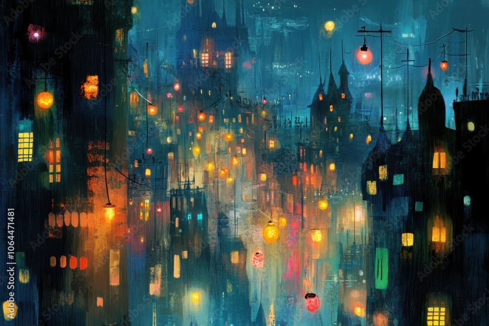 Fototapeta premium Whimsical nighttime cityscapes filled with colorful lights and dreamy architecture