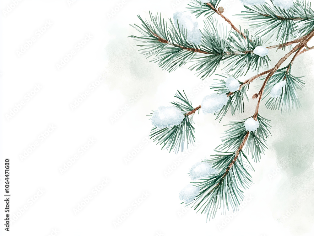 Obraz premium Cheerful watercolor style frosted pine branch with snow, evoking winter beauty and tranquility. Perfect for seasonal decor and holiday themes