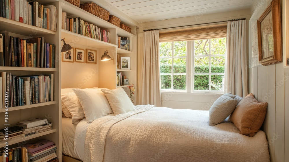 Cozy Bedroom with Natural Light and Bookshelves Cozy Bedroom with Natural Light and Bookshelves