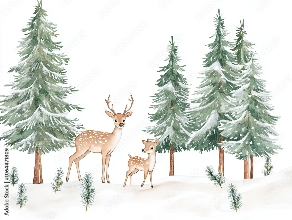 cheerful winter woodland scene featuring two deer among snow covered pine trees. artwork captures serene and magical atmosphere of nature in winter cheerful winter woodland scene featuring two deer among snow covered pine trees. artwork captures serene and magical atmosphere of nature in winter