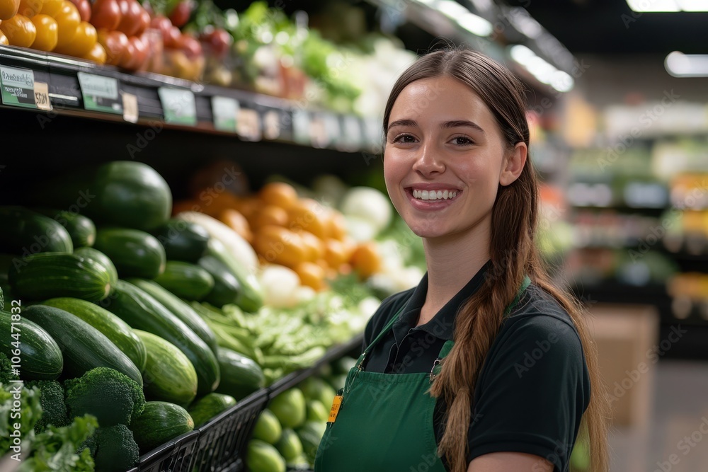 A smiling grocery store employee stands in front of shelves filled with fresh vegetables A smiling grocery store employee stands in front of shelves filled with fresh vegetables