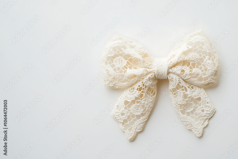 Pretty bow made of burlap with lace isolated on white, top view Pretty bow made of burlap with lace isolated on white, top view
