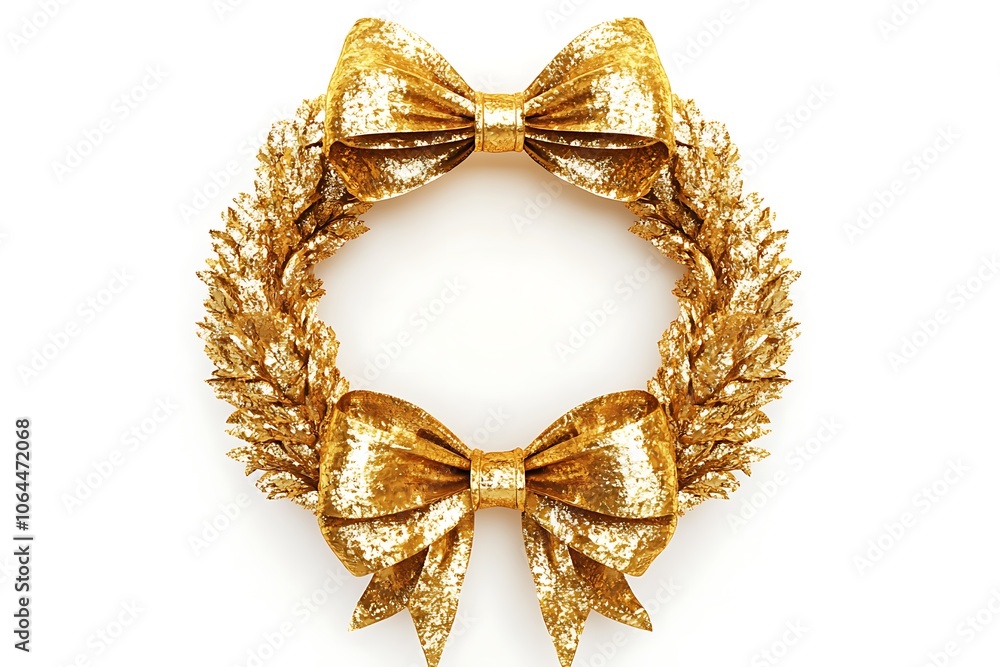 Fototapeta premium Golden Christmas wreath with pine cones and ribbon