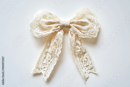 Pretty bow made of burlap with lace isolated on white, top view