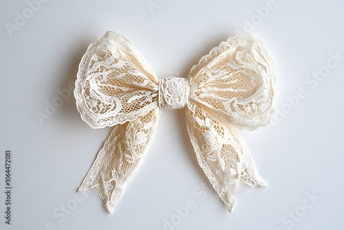 Pretty bow made of burlap with lace isolated on white, top view