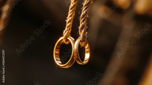 Elegant golden rings hanging from rope, romantic visual for wedding designs.