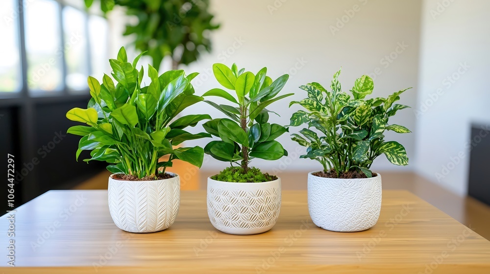 A modern living space featuring a stylish arrangement of indoor plants in decorative pots, showcased on a sleek wooden table. The high-end magazine-style photography captures the elegance of the A modern living space featuring a stylish arrangement of indoor plants in decorative pots, showcased on a sleek wooden table. The high-end magazine-style photography captures the elegance of the
