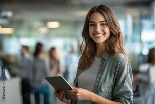 A smiling young woman stands confidently in an office environment, holding a tablet