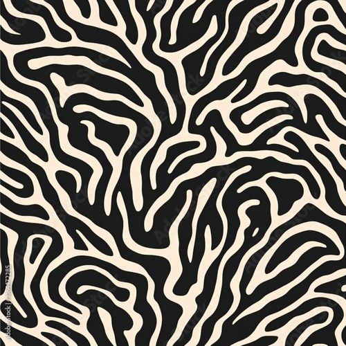 A seamless pattern with digital print, where the outline of brain coral is reimagined in an abstract form, its shapes intertwined to create an organic and fluid design. The background is a soft beige 