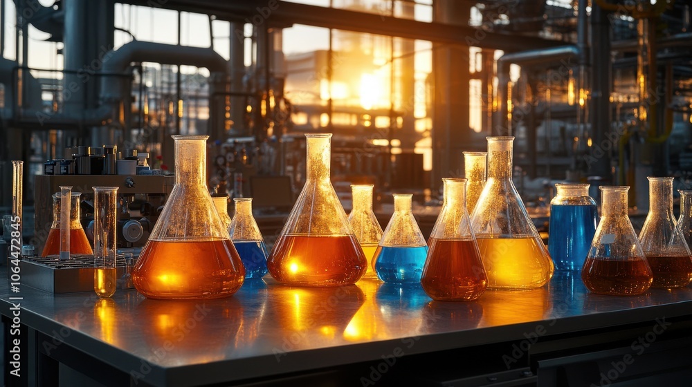 A variety of beakers and flasks containing orange and blue liquids sit on a metallic table in a large A variety of beakers and flasks containing orange and blue liquids sit on a metallic table in a large