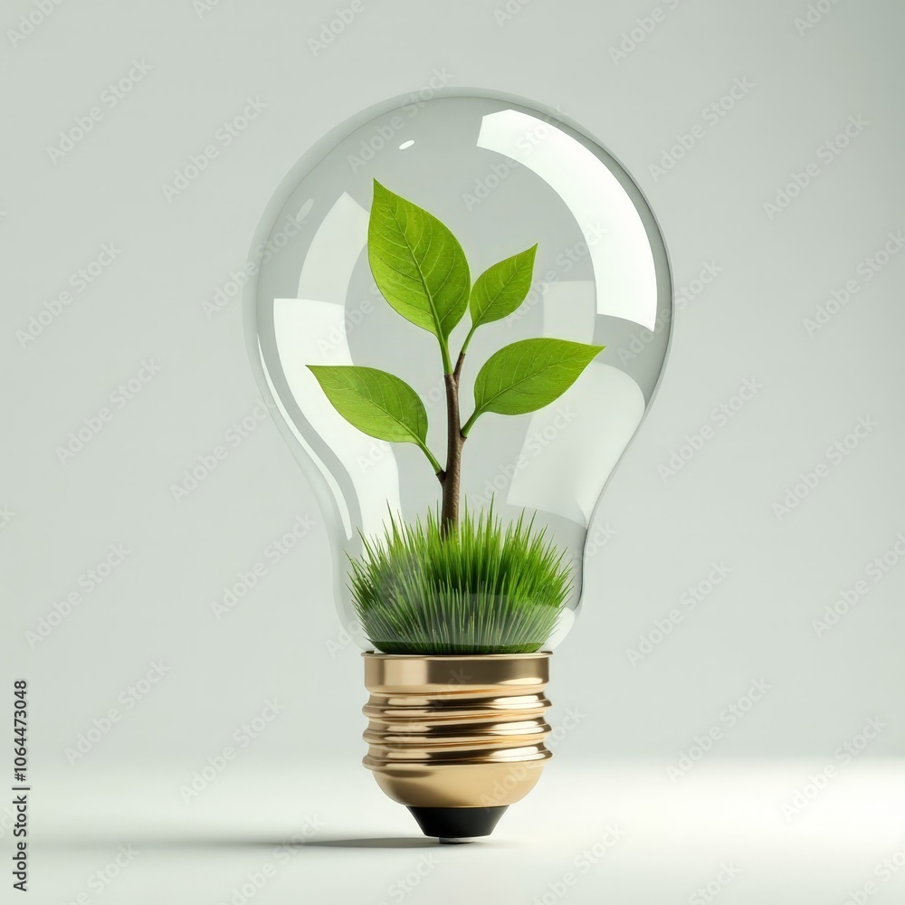Eco Friendly 3D Light Bulb With Green Plant Interior On Background Eco Friendly 3D Light Bulb With Green Plant Interior On Background