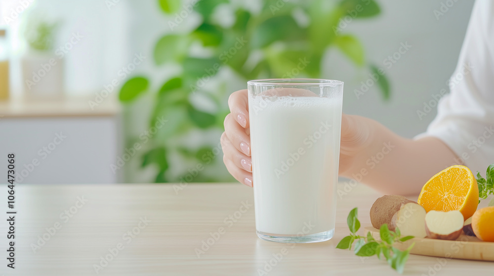 Portrait of a young and cheerful woman drinking juice, sitting with healthy raw food on the kitchen at home. Vegetarianism, wellbeing and healthy lifestyle concept Portrait of a young and cheerful woman drinking juice, sitting with healthy raw food on the kitchen at home. Vegetarianism, wellbeing and healthy lifestyle concept