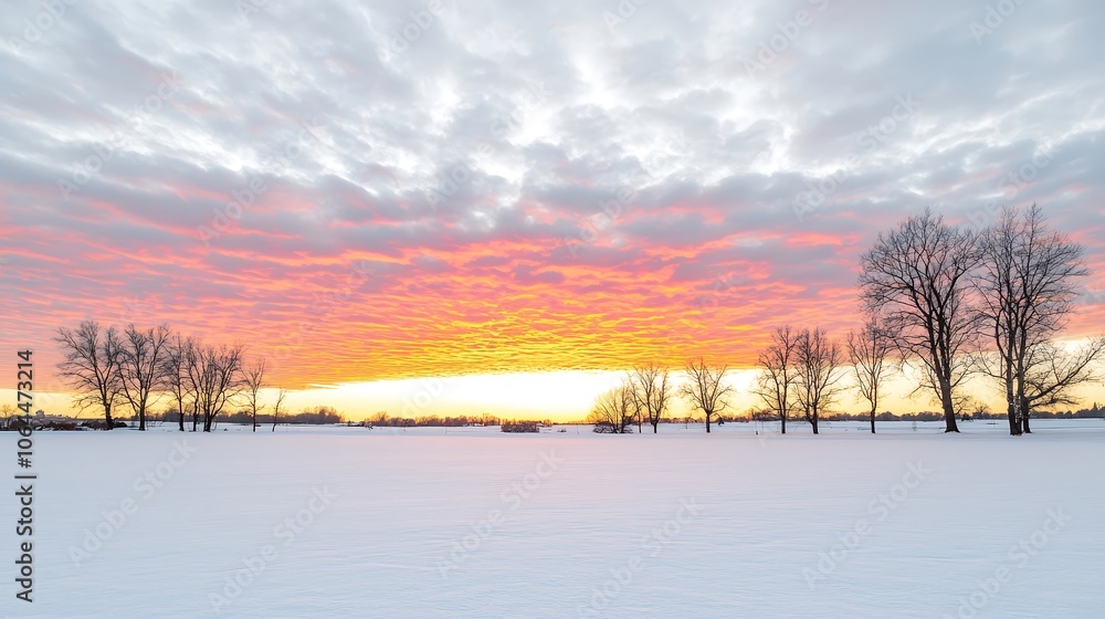 Fototapeta premium An enchanting winter sunset casting a golden glow over a frosty landscape, with silhouettes of barren trees adding depth to the scene. The vibrant colors create a dramatic backdrop, providing a