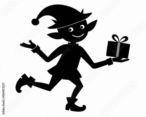 Jolly Elf Silhouette Holding Gift Box,Black Vector Christmas Elf Silhouette Jolly Elf Figure Silhouetted with a Sack - Christmas Elf with Sack Silhouette.