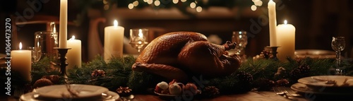 A festive traditional christmas dinner table featuring a perfectly roasted turkey surrounded by holiday decor