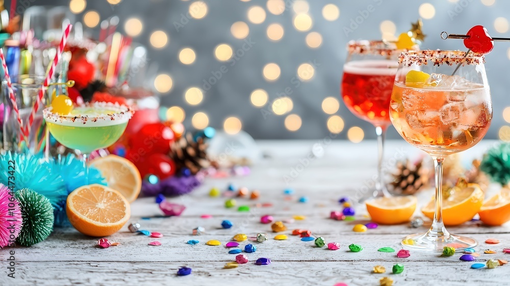 An upscale New Years Eve party setup with an exquisite cocktail bar displaying an array of colorful drinks and garnishes. The depth of field highlights the shimmering glasses while maintaining soft An upscale New Years Eve party setup with an exquisite cocktail bar displaying an array of colorful drinks and garnishes. The depth of field highlights the shimmering glasses while maintaining soft