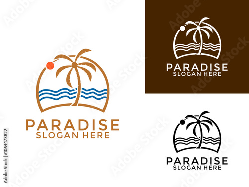 palm tree hipster vintage logo vector, Palm tree with Beach logo design template