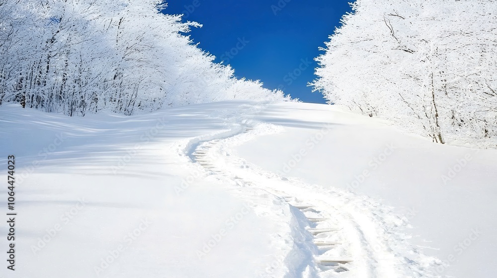 A dynamic image capturing a snow-covered trail ideal for snowshoeing, with an inviting path that leads deep into a frosted forest. The composition emphasizes the beauty of nature and the adventurous A dynamic image capturing a snow-covered trail ideal for snowshoeing, with an inviting path that leads deep into a frosted forest. The composition emphasizes the beauty of nature and the adventurous