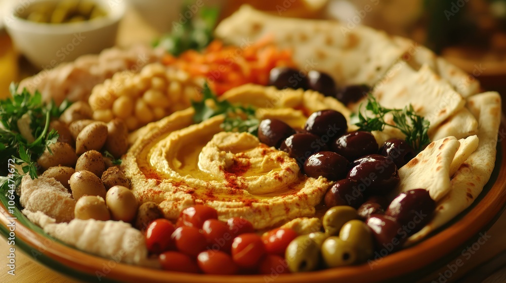 A vibrant Mediterranean platter with hummus, olives, and pita 