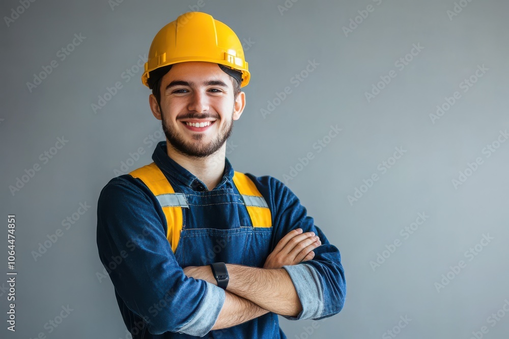 A young male worker in a yellow hard hat and blue overalls smiles confidently with his arms A young male worker in a yellow hard hat and blue overalls smiles confidently with his arms