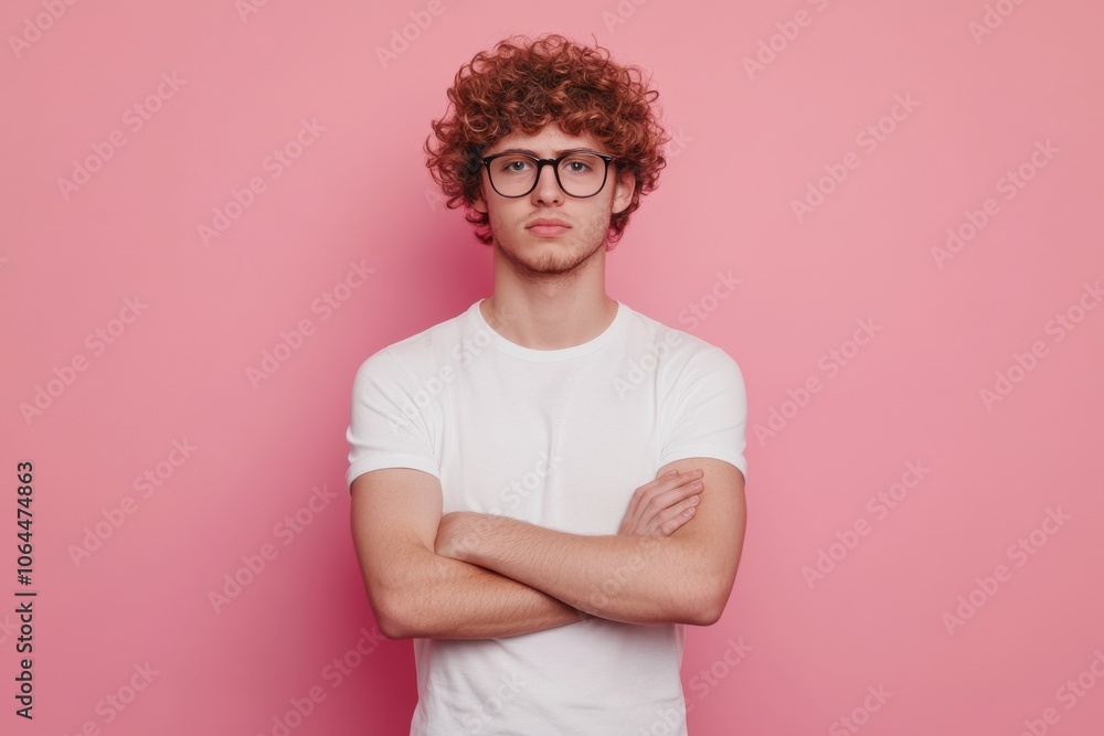 A young man with curly hair and glasses stands against a pastel pink background with his arms A young man with curly hair and glasses stands against a pastel pink background with his arms