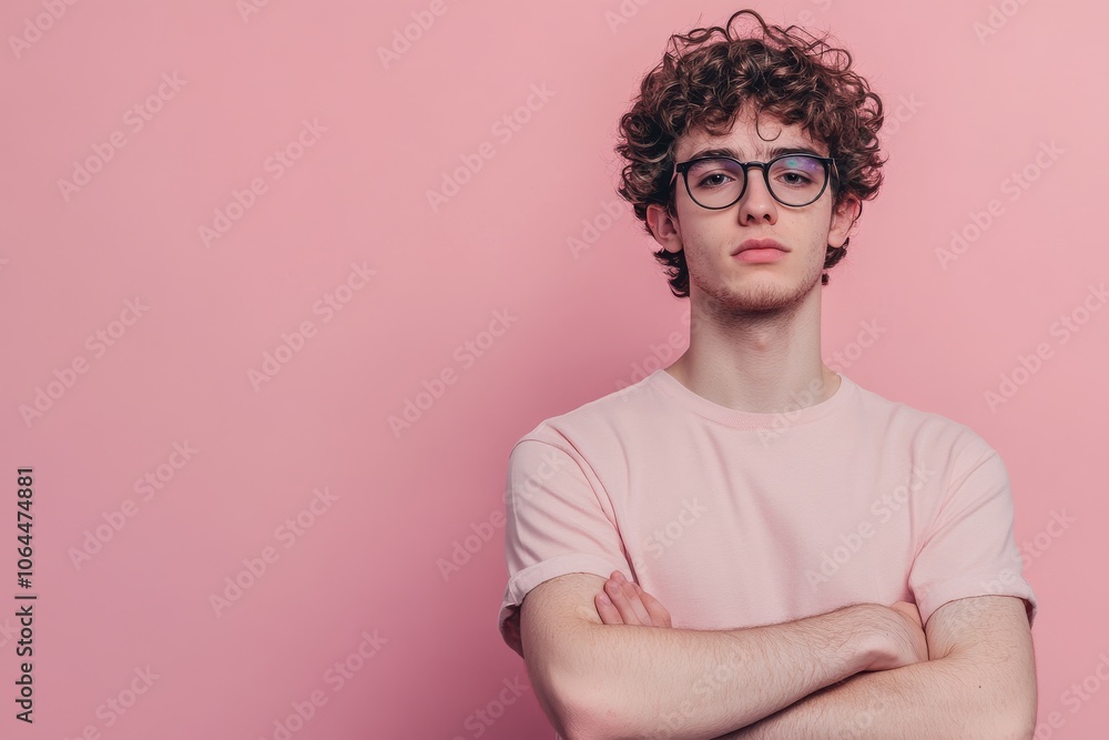 A young man with curly hair and glasses stands against a pastel pink background with his arms A young man with curly hair and glasses stands against a pastel pink background with his arms