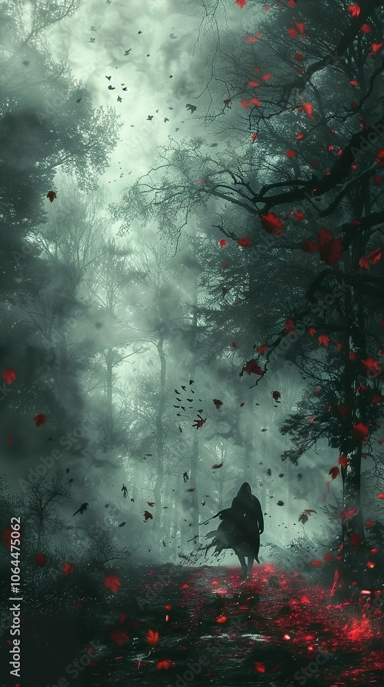 Fototapeta premium A Lonely Figure Walks Through a Dark and Foggy Forest Path