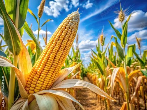 Close-up of Mature Corn Cob in Golden Cornfield Ready for Harvesting