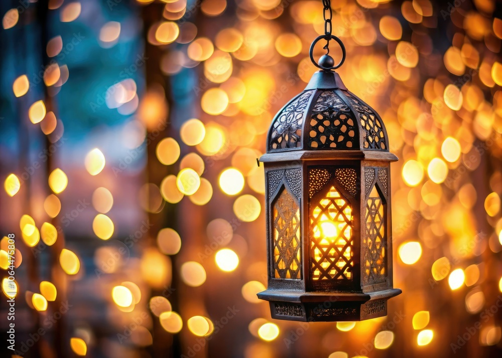 Close-Up of Ornate Lantern with Warm Light in Bokeh Background Close-Up of Ornate Lantern with Warm Light in Bokeh Background