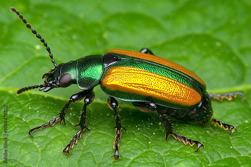 Colorful beetle on a green leaf, showcasing bright metallic colors. Colorful beetle on a green leaf, showcasing bright metallic colors.